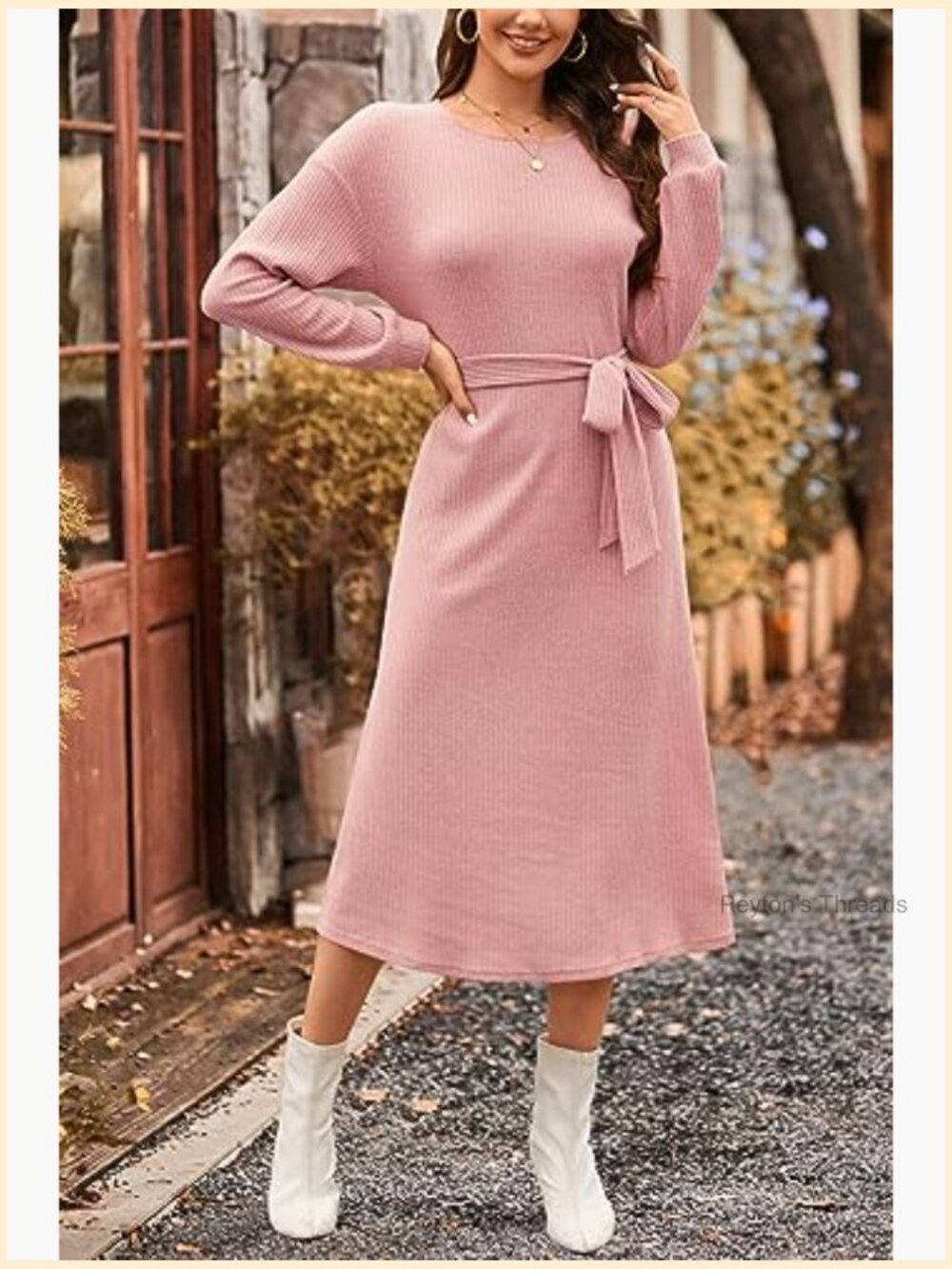 Lightweight Ribbed Knitted Midi Dress with Belt - Picture 4 of 7